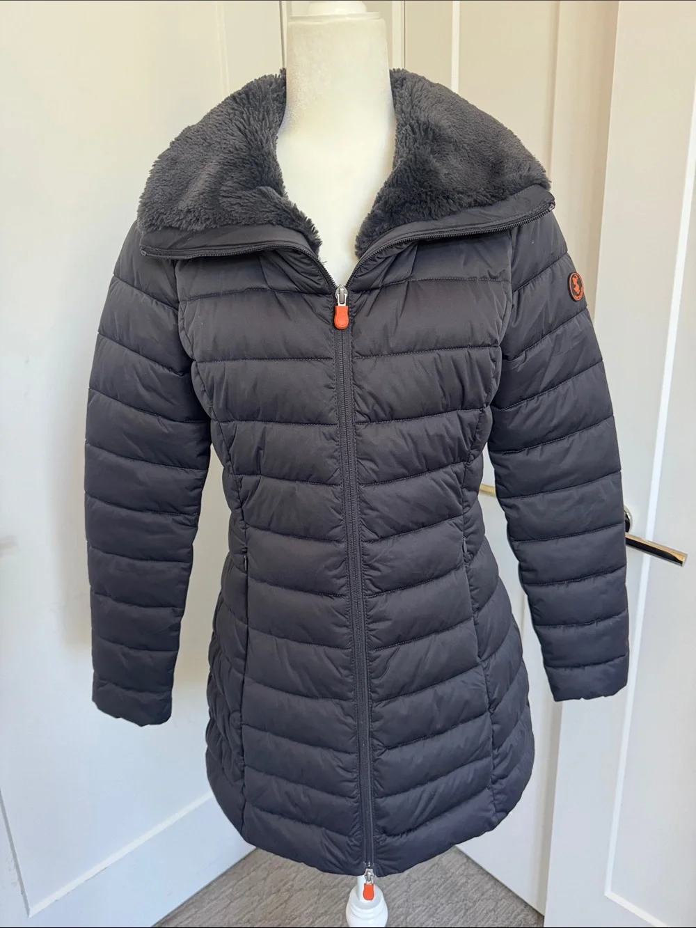 SAVE THE DUCK Women's Dark Gray Quilted Puffer Coat with Faux Fur Collar